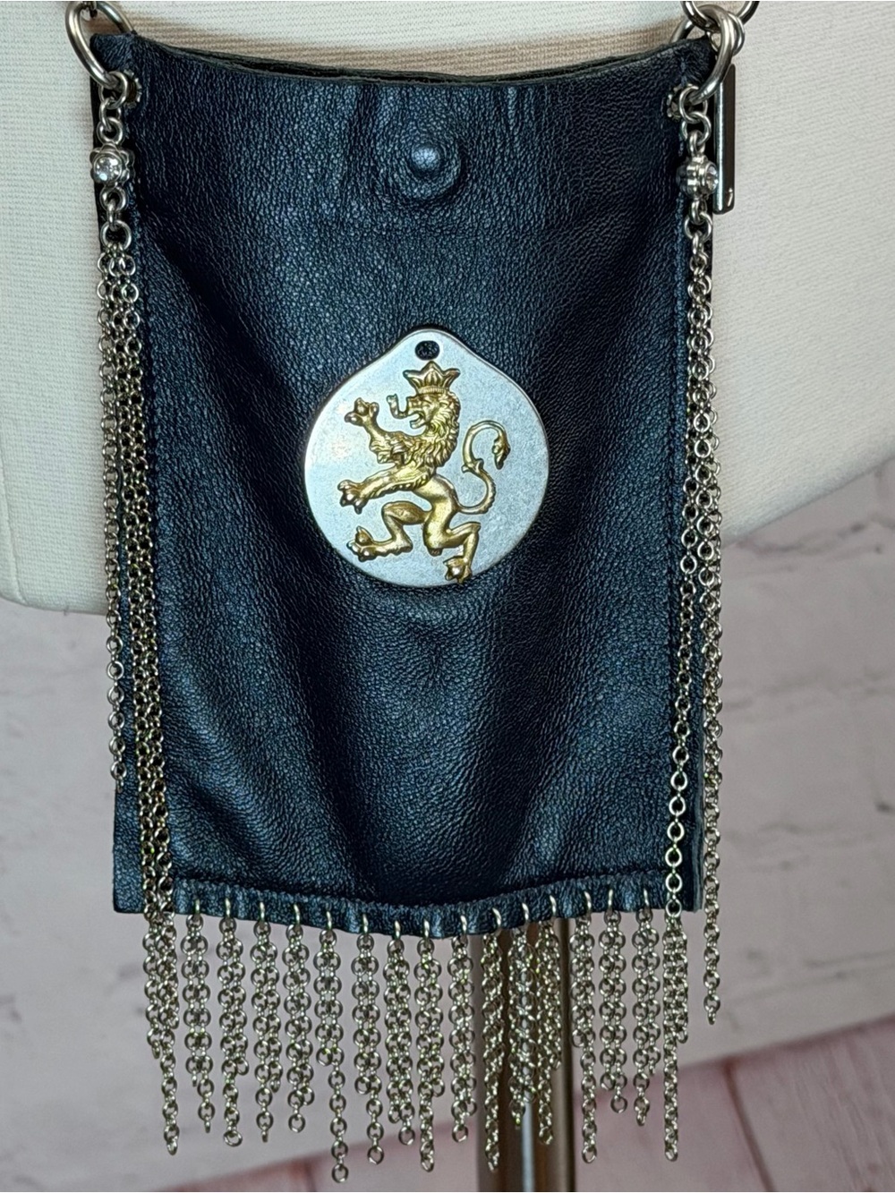 Sisi Amber Dark Gray Leather Mini Crossbody Bag Gold Crest Chainmail Fringe